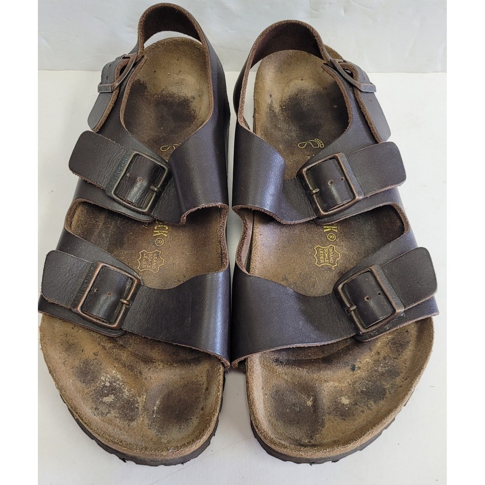 Birkenstock Men's Milano Leather Strappy Sandal Heel Strap Brown Buckle 44 US 11